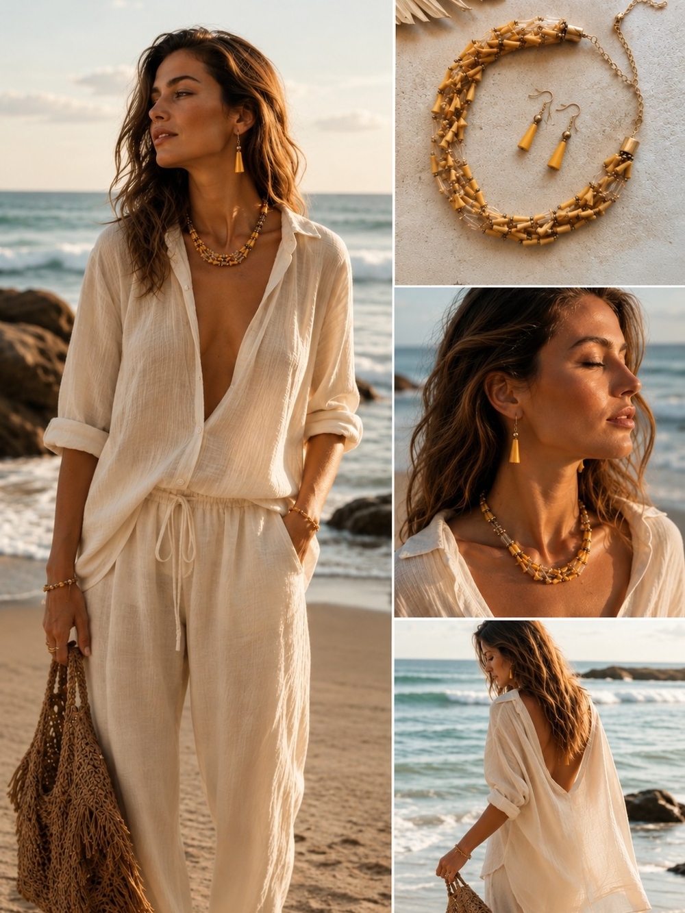 Jewelry Hippie Boho Summer Yellow Beaded Multi-Strand Necklace and Earrings